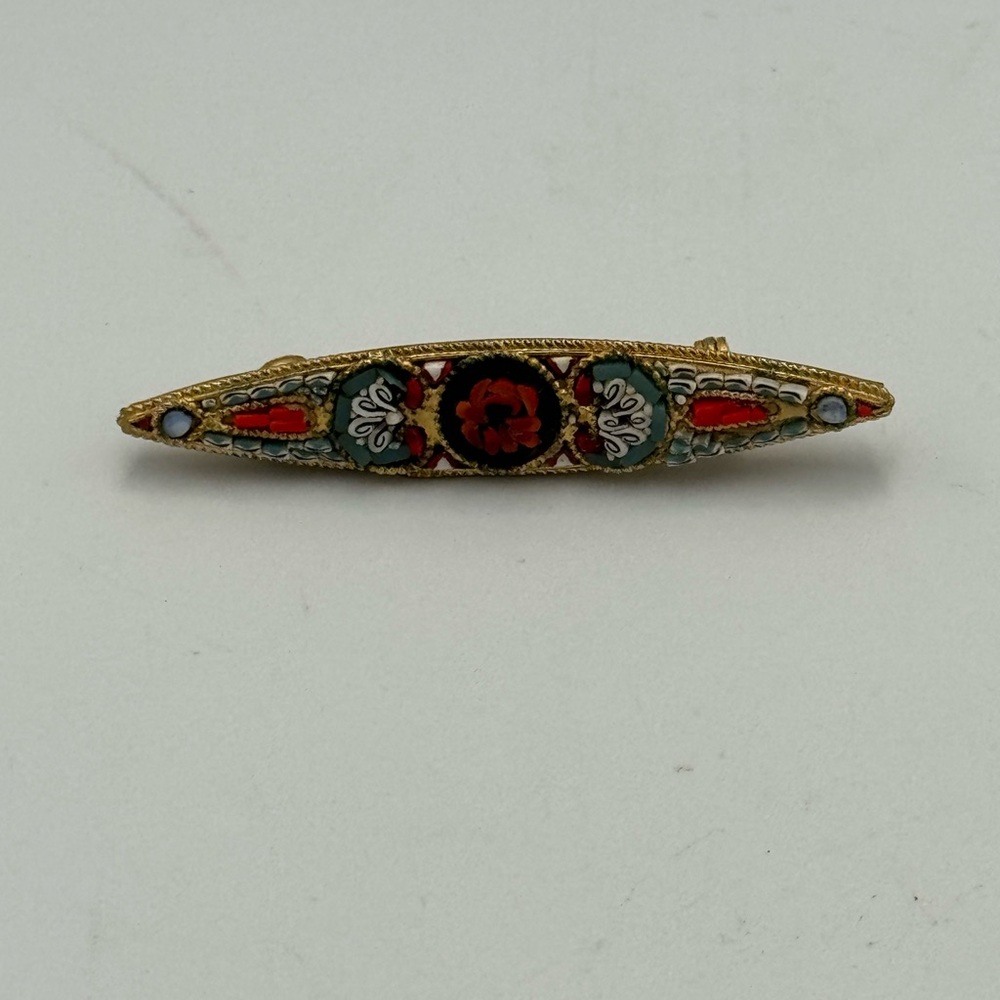 Micro Mosaic Gold Tone Bar Brooch Pin Twisted Wire Accented Italy 2 1/8"